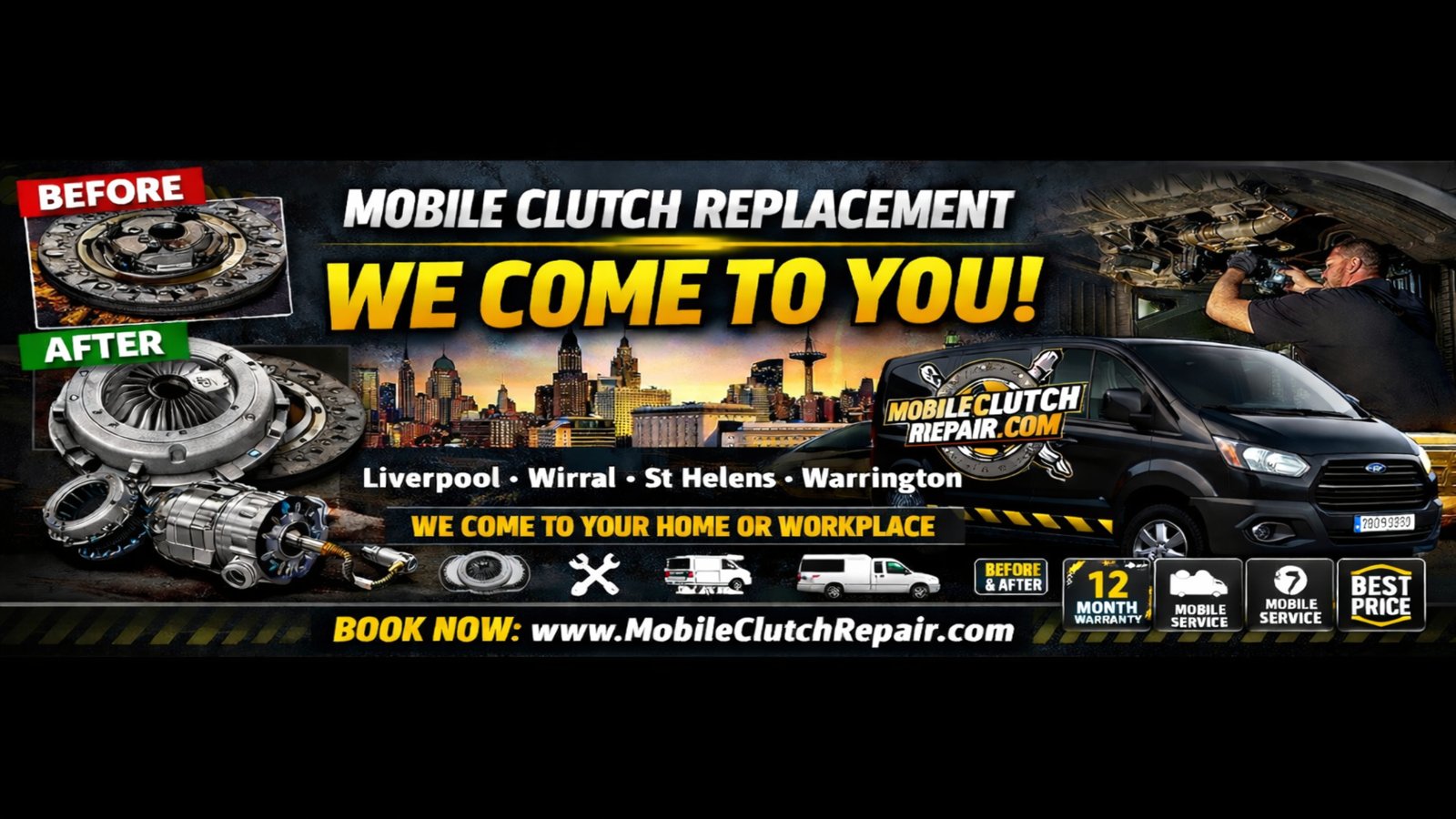 Mobile Clutch Repair banner showing mobile clutch replacement service across Liverpool and surrounding areas